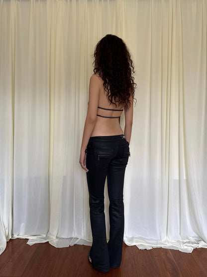 SIVALASY Low Rise Waxed Denim Flare Jeans