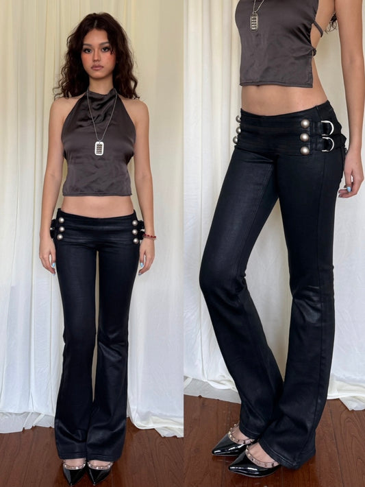 SIVALASY Low Rise Waxed Denim Flare Jeans